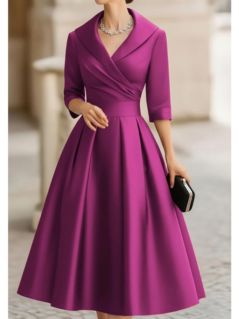 Women's Purple Wrap Long Sleeve V-Neck Silky Casual Elegant Midi Church Dress - Picture 4 of 5